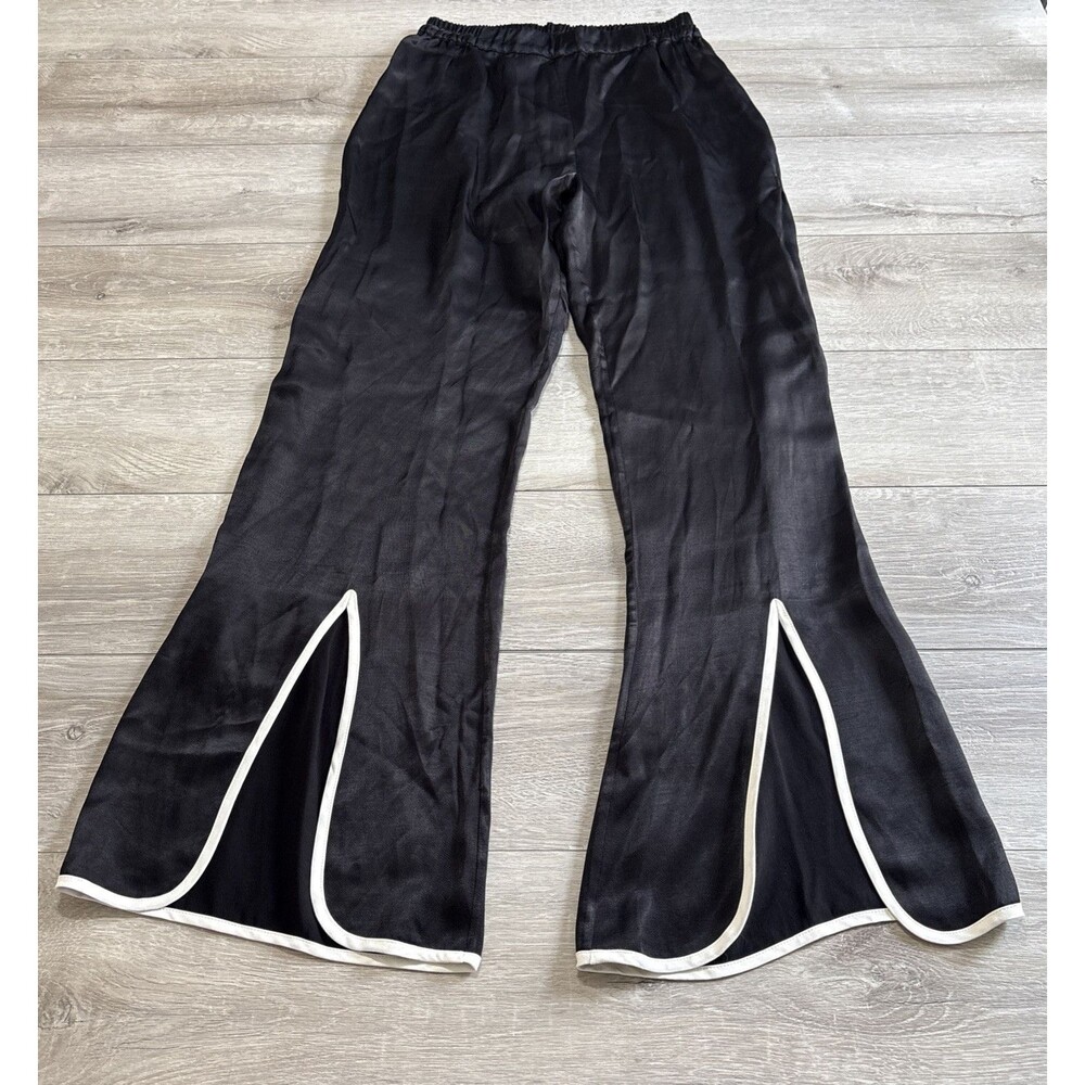 SLEEPER Silky Black Pants Elastic Waist Curved Open Hem Contrast Piping Women XS